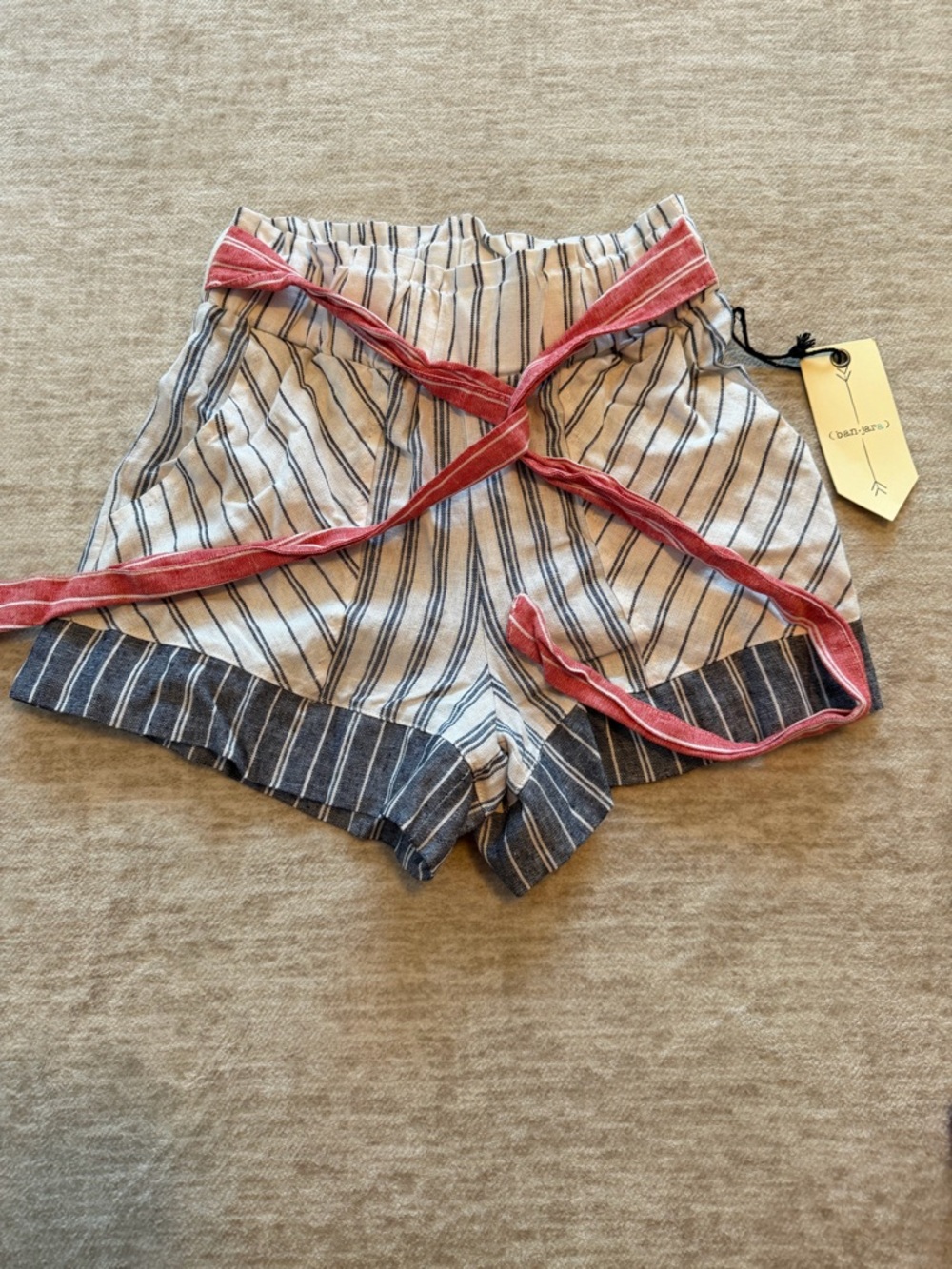 Striped Linen-Blend Tie-Waist Shorts in Blue and White with red tie
